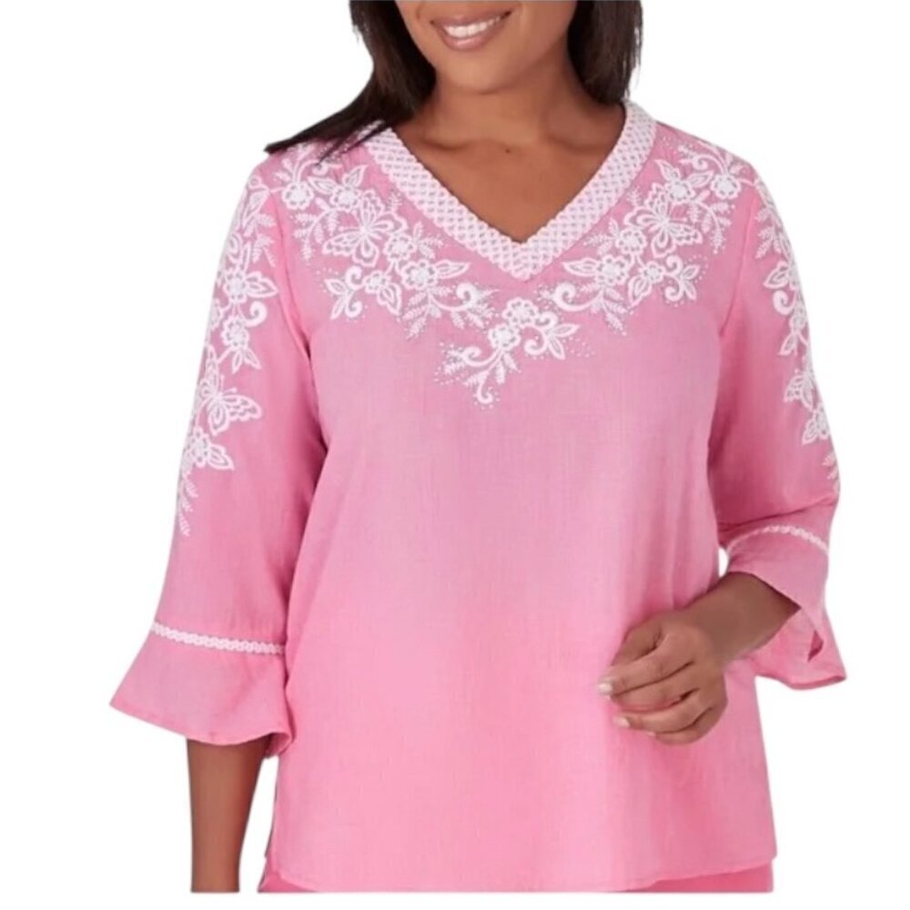 Alfred Dunner Paradise Pink Embroidered Yoke & Sleeve V Neck Tunic Top Sz Medium